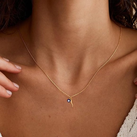 Neiman Marcus 14k Gold Plated Italian Evil Eye Horn Necklace - Picture 3 of 6
